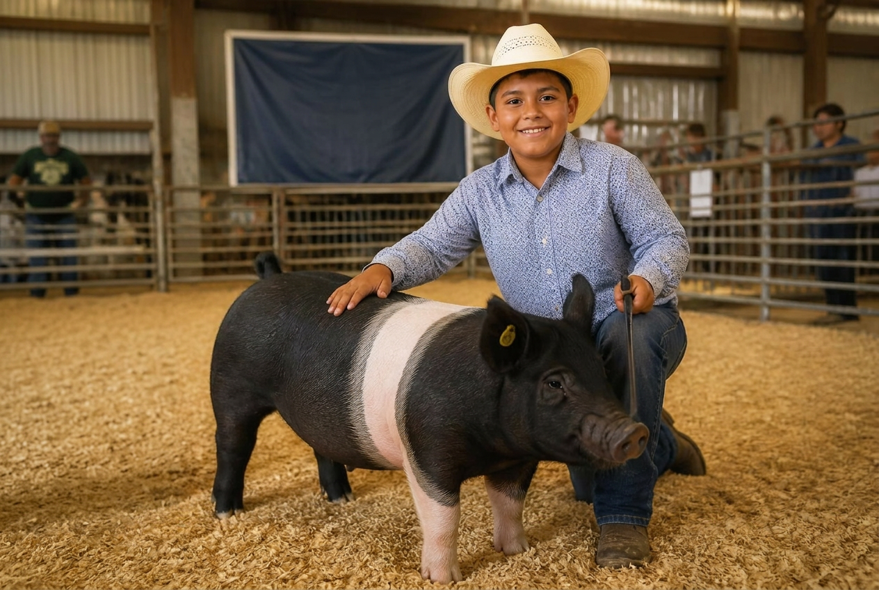Young Hispanic Texan boy in a cowboy hat with his Hampshire show pig at a county fair